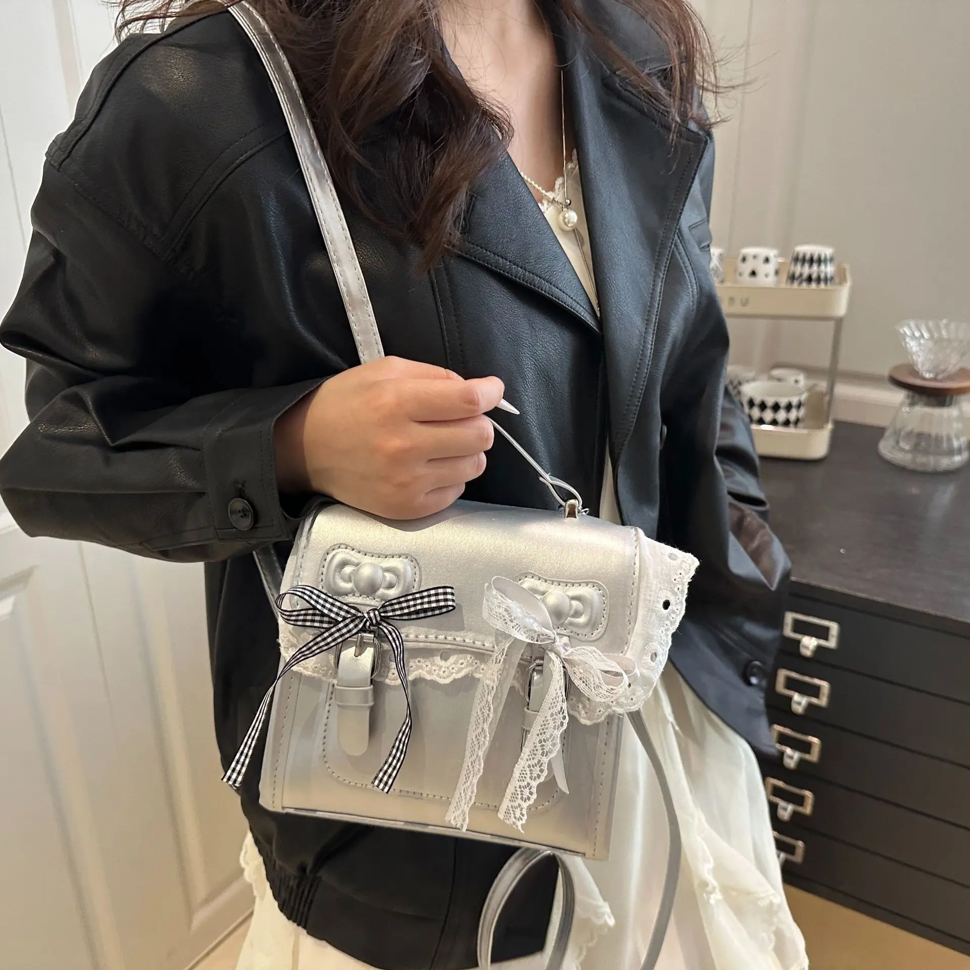 Sweet Lace Bow Women Crossbody Bag Kawaii PU Leather Small Handbag Cute Lace Trim Shoulder Bag for Daily Dating