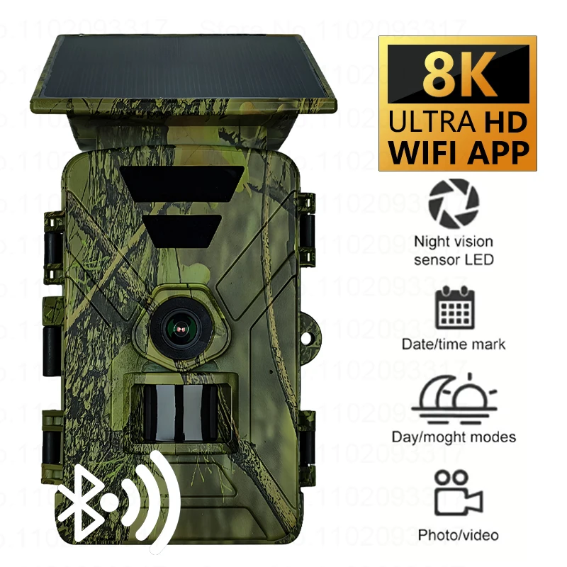 Caméra de suivi des sentiers à panneaux solaires 60MP8K, Bluetooth, déclencheur infrarouge, Vision nocturne, pour la chasse en forêt en plein air, surveillance de la faune, PR903W