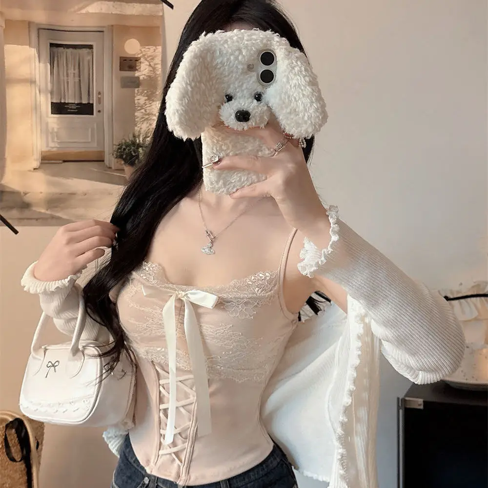 Summer New Pure Desire Lace Splice Knot Strap Vest Women  Knot Integrated Chest Pad Top Women's Fashion Lace Vest