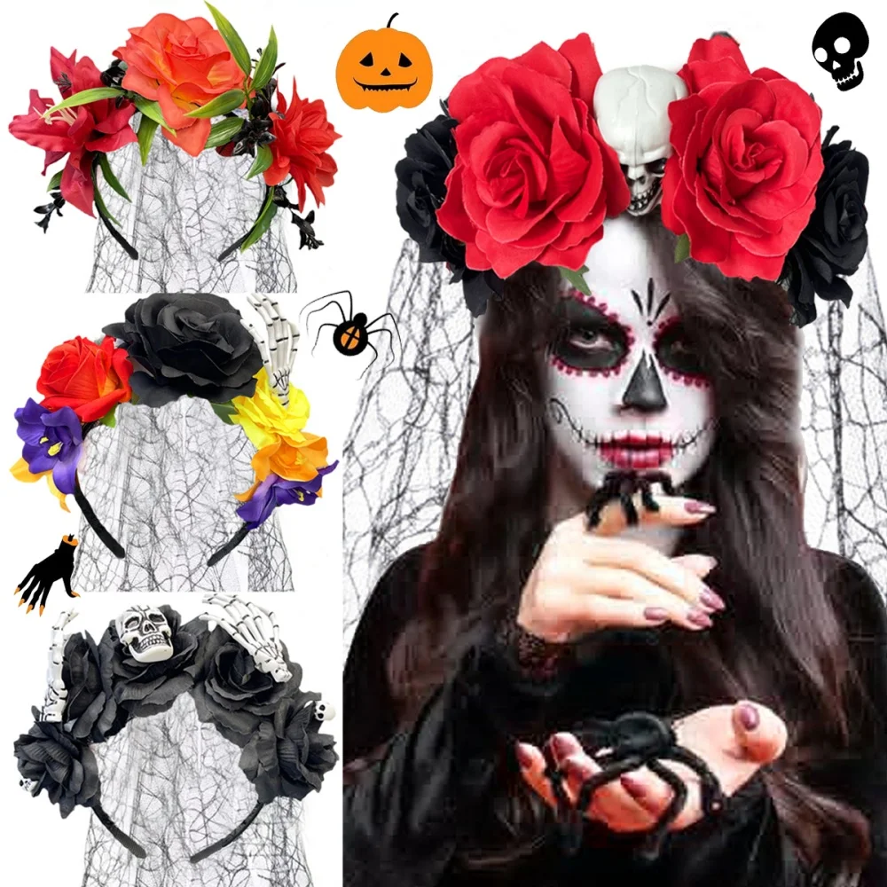 

Halloween Black Veil Floral Hair Band Day Of The Dead Skull Rose Flower Headband Crown Cosplay Costume Headpiece Party Headwear