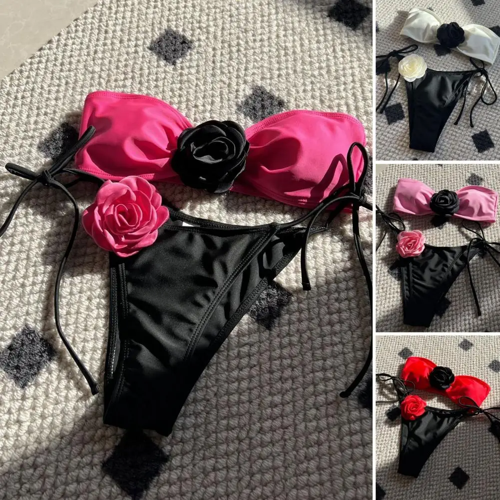 Sexy Bikini Top with Contrasting Color Stitching Sexy Bikini Set Rose Flower Decor Bandeau Bikini Set with Lace-up for Women