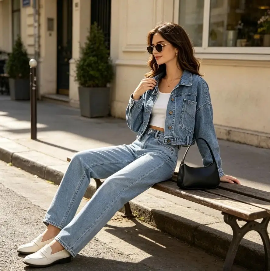 Short Coat Women Denim Coats High Street Batwing Sleeve Turn Down Collar Jackets Buttons Splice Pockets Vintage Work 2026 Summer