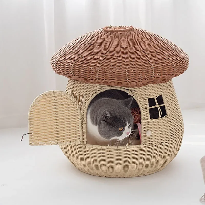 Imagem -04 - Fechado Rattan Woven Pet Nest Gato Bonito e Ninho de Cachorro Rattan Proof Mushroom House House Wall Cats Mobiliário Doméstico de Uso Duplo