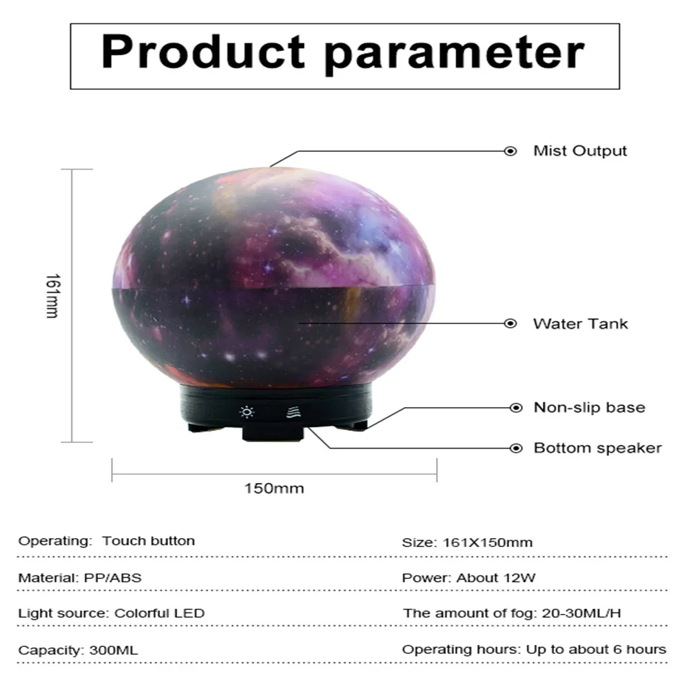 Starry Sky Aroma Oil Diffuser Ultrasonic Whisper Quiet Cool Mist Large Capacity 300ml Timing Air Humidifier for Yoga Office Home