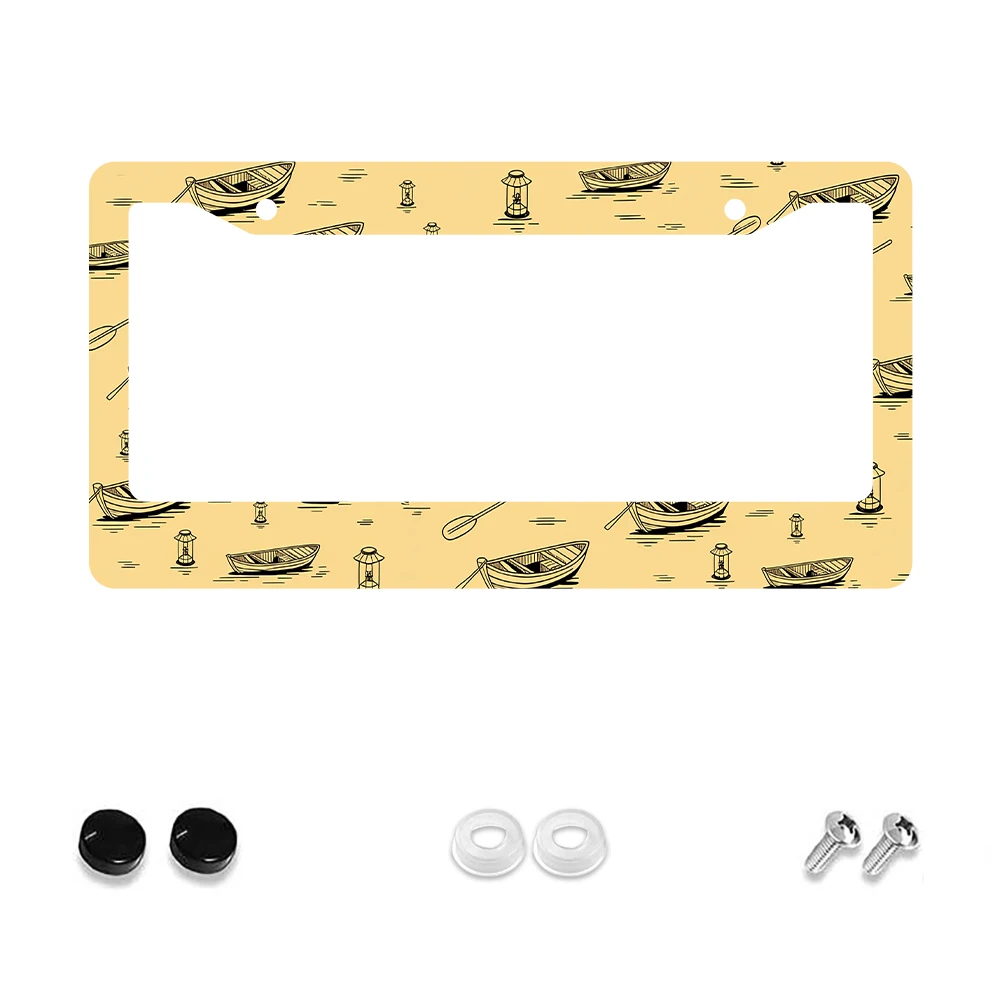 1 قطعة إطار لوحة ترخيص أصفر عتيق بفتحتين مع نمط قارب، مادة ألومنيوم، 6 × 12 بوصة، يتضمن ديكور سيارة لولبي