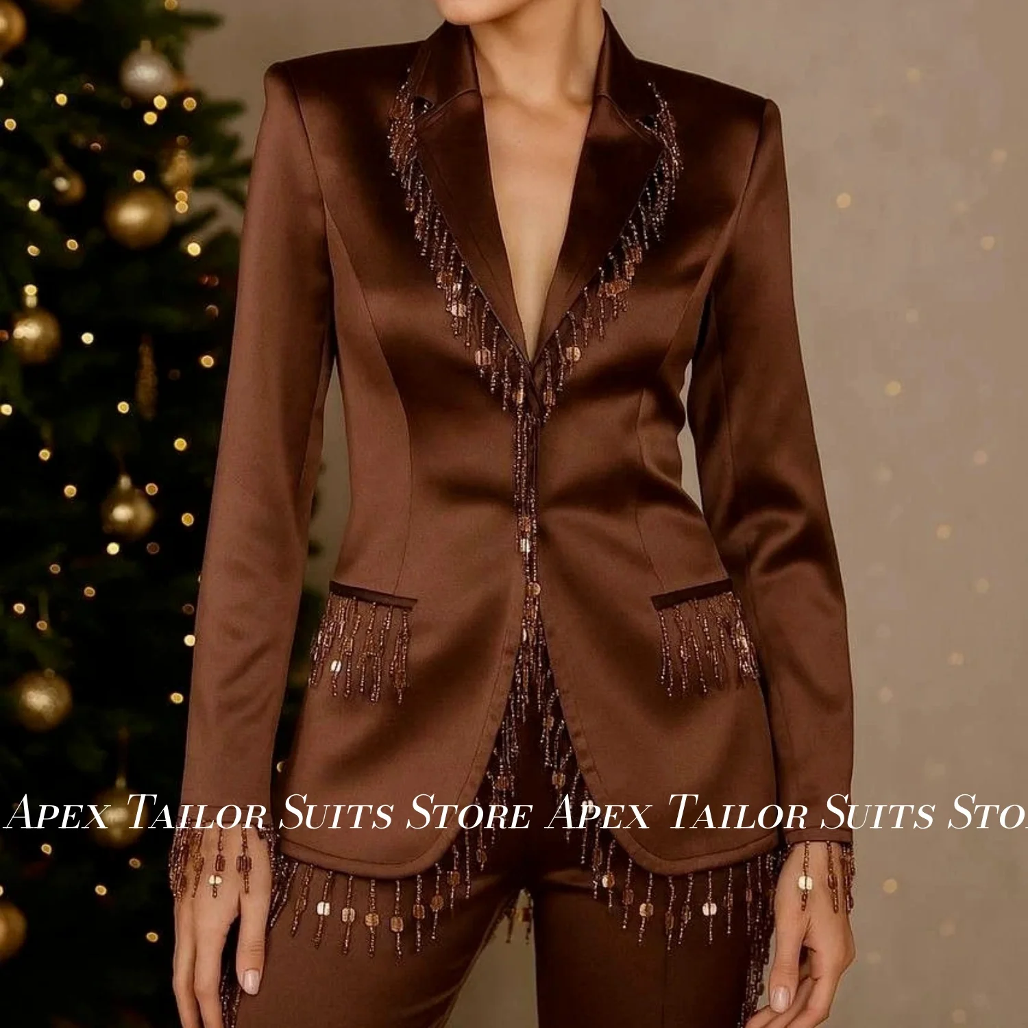 Women 2 Pieces Suit Set Brown Satin Blazer Jacket Sequin Fringe Trim Notched Lapel Suit Long Pants Formal Evening Banquet Party