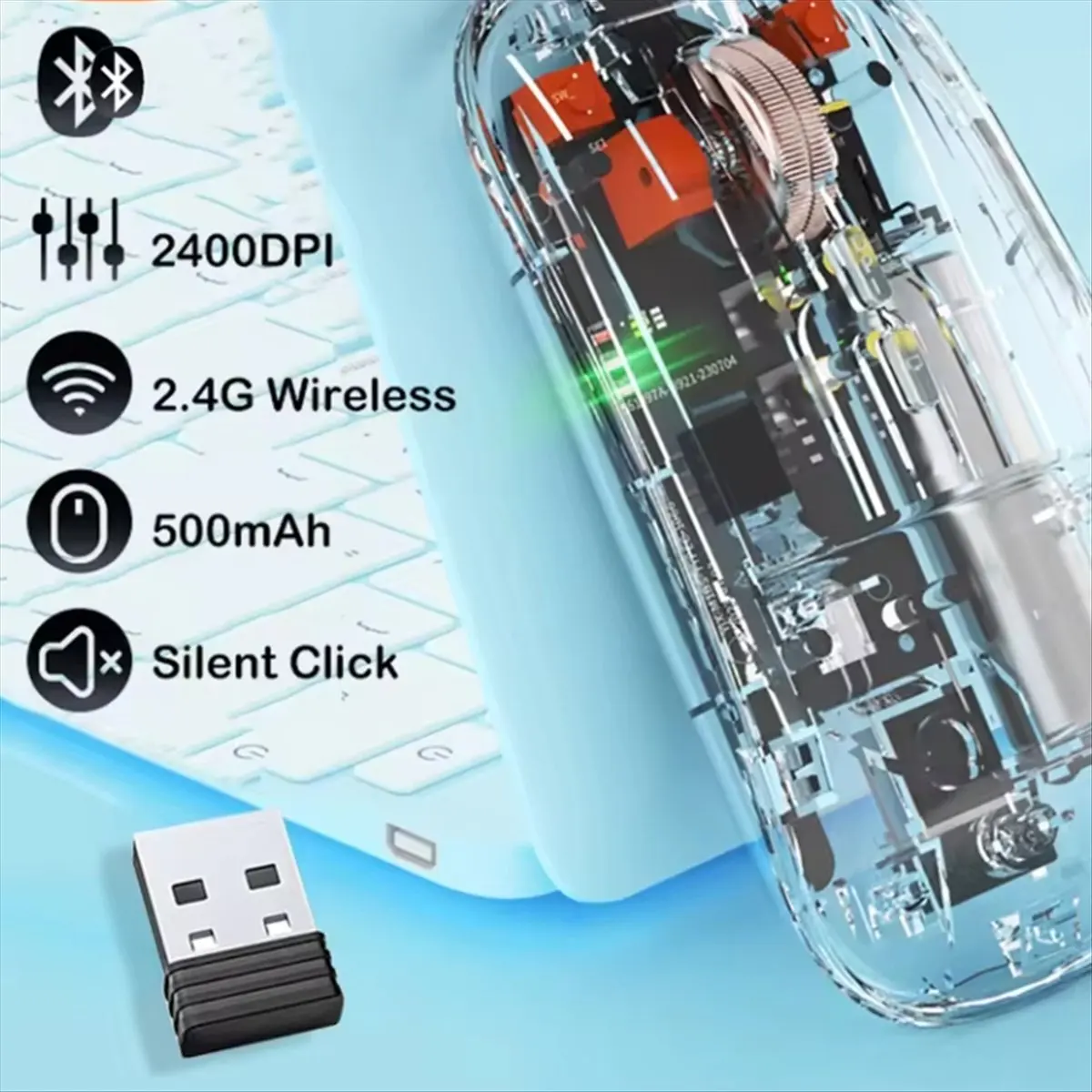 【~ New A65I】2400DPI Bluetooth Mouse Full Transparent Cool Silent Dual Mode 2.4G500Ah Rechargeable Ergonomic Universal Silver