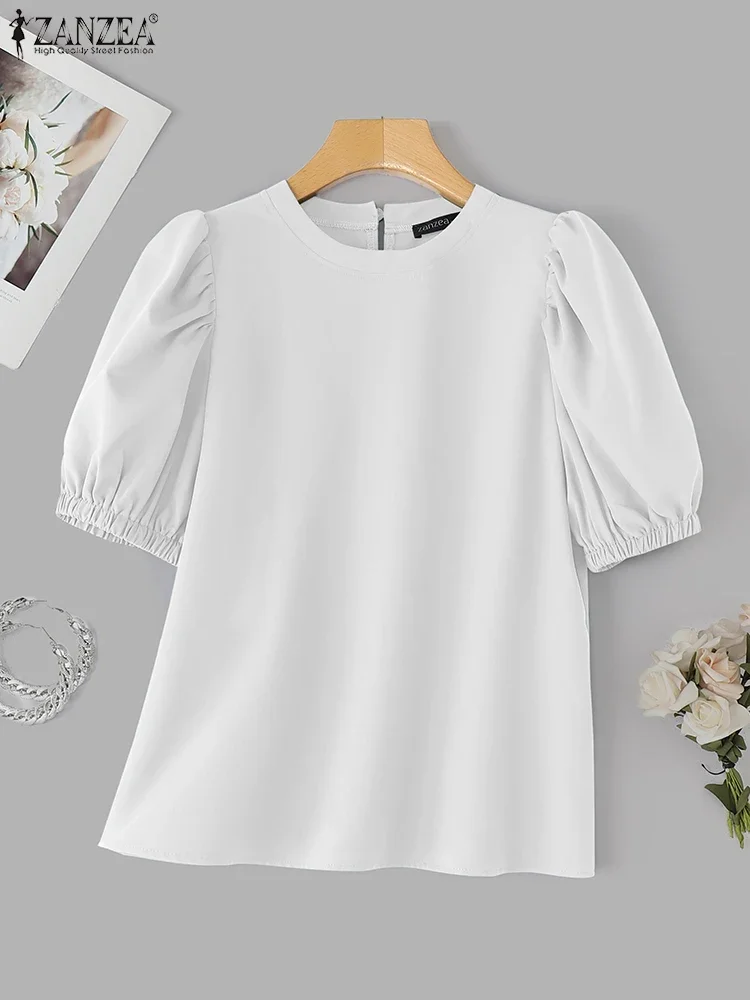 

ZANZEA Women Summer Tops Fashion OL Blouse 2025 Short Sleeve Shirts Casual Round Neck Puff Sleeve Solid Color Elegant Blusas