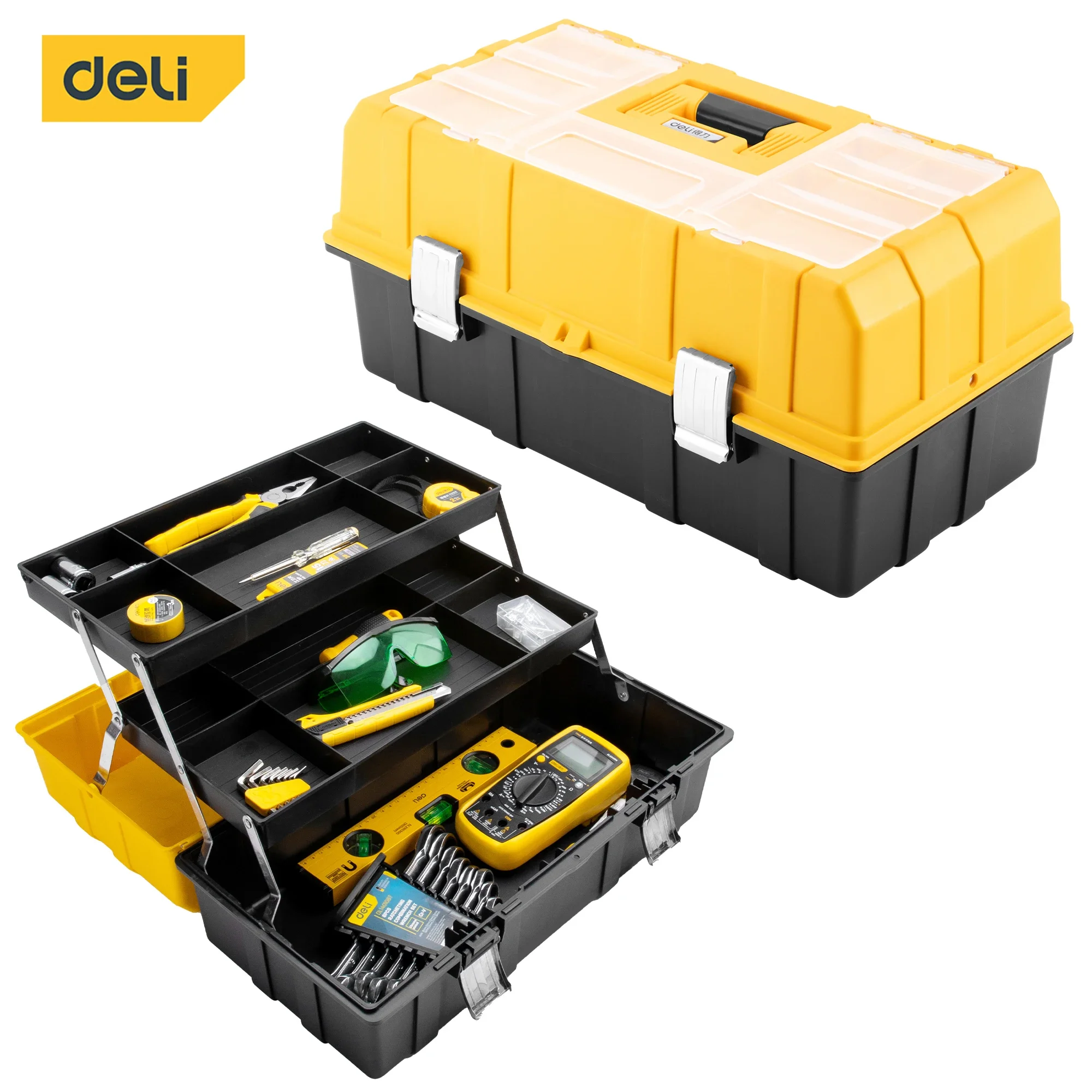 Deli 21in 3-Layer Foldable Tool Box, Heavy-Duty Portable Storage Organizer, For Home, Garage, And Professional Use