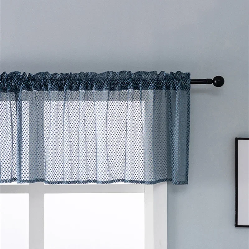 Modern Diamond Mesh Hollow Out Tulle Kitchen Short Sheer Blue Curtains Special Rod Pocket Living Room Door Window Balcony Drapes