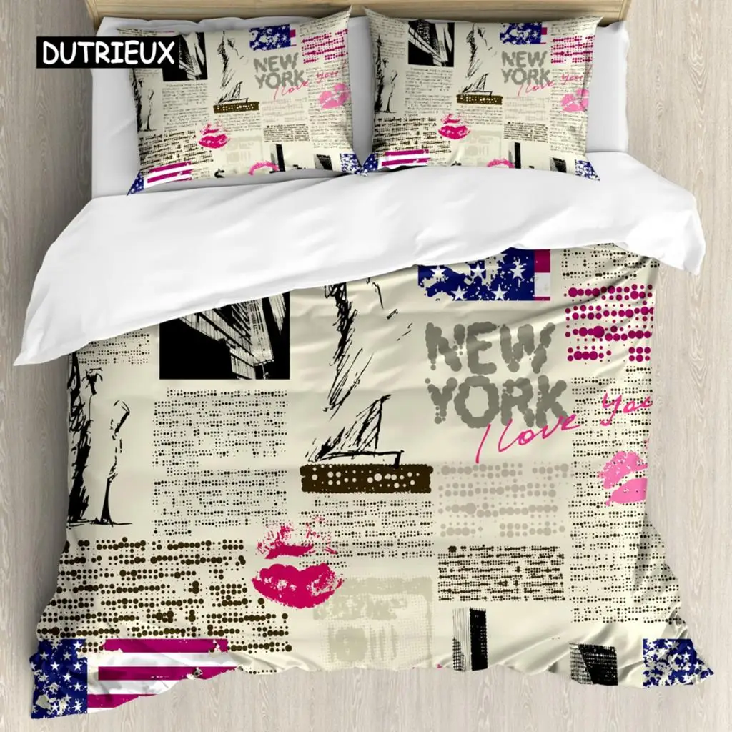 United States Duvet Cover Set Newspaper New York with Texts Lipstick Vintage Bedding Set Double Queen King Polyester Qulit Cover