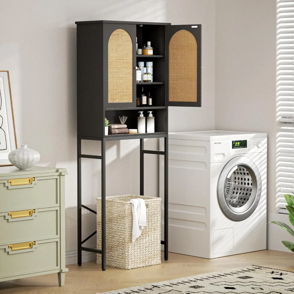 

NEW Black,Rattan Toilet Storage Cabinet,Over The Rack Cabinet w/Metal Stand,Bathroom Organizer w/Adjustable Shelf,Space Saver