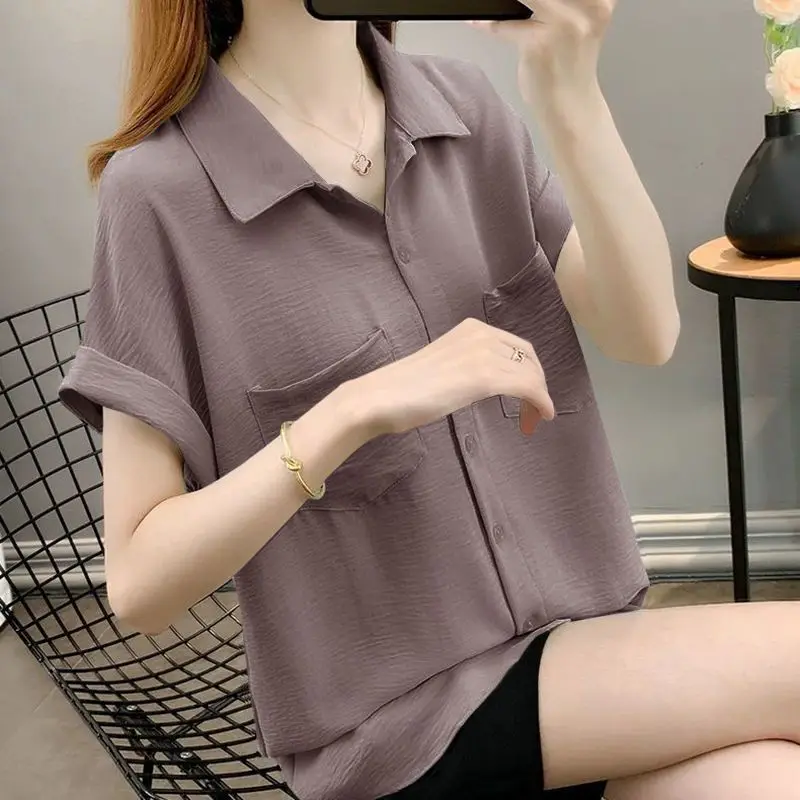 Female Clothing Commute Solid Color All-match Shirt Casual Single-breasted Summer Fashion Pockets Patchwork Polo-Neck Blouse New