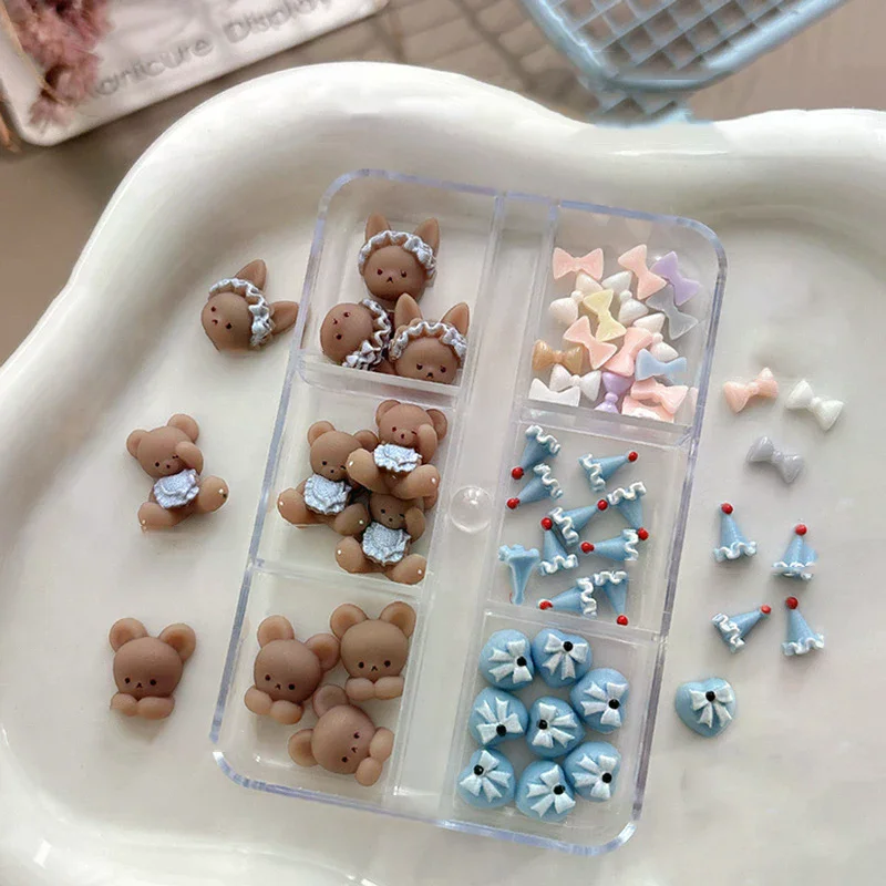 10 pçs avental urso acessórios para unhas bonito dos desenhos animados 3d bowknot usar broca de unhas decoração encantos da arte do prego diy manicure