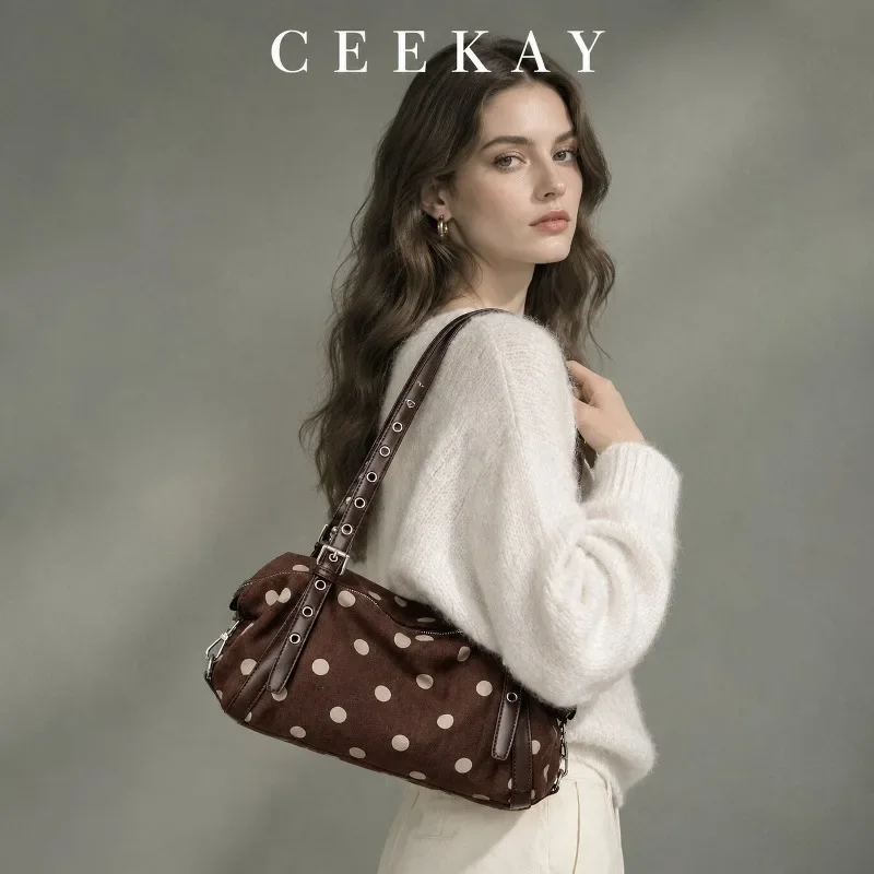 CEEKAY Polka Dot Suede Long Bag Double Strap Grommet Buckle All-Purpose Daily Wear Roomy Elegant Classic Chic Style for Women