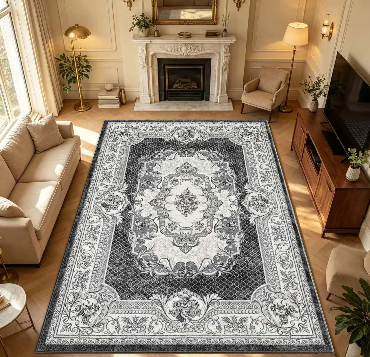 Classic European Baroque Area Rug Black White Ornate Floral Medallion Border Floor Carpet for Living Room Bedroom Home Decoration