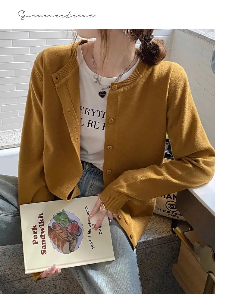 2026 Women Cardigans Sweater Casual Warm Spring Summer O-neck Long Sleeve Single Breasted Slim Fashion Korean Knitwears Tops