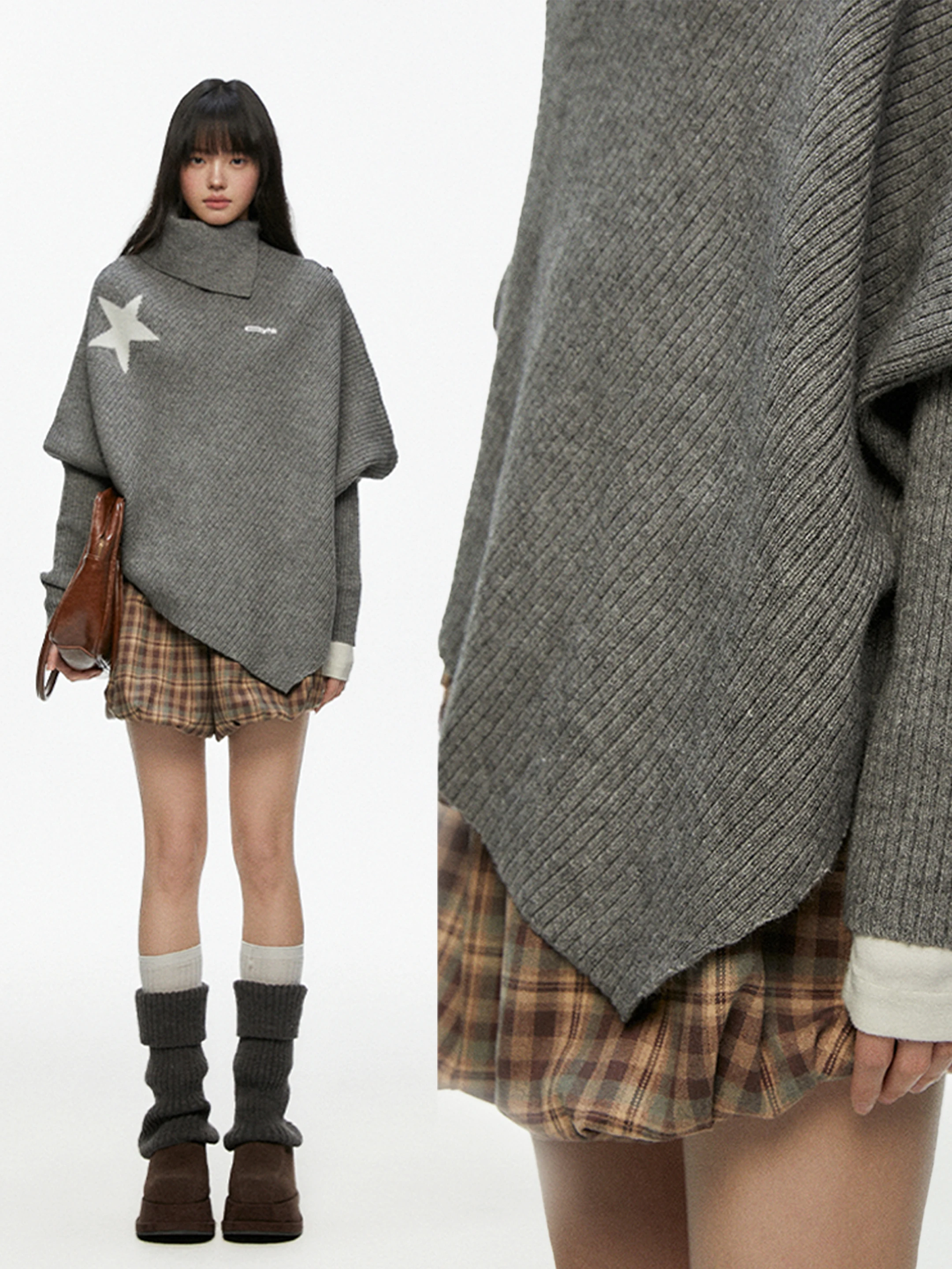 

Casual Sle Oversized Star Knitted Sweater Coat Women's High Collar Asymmetrical Design Polyester Fiber Long Sve Top