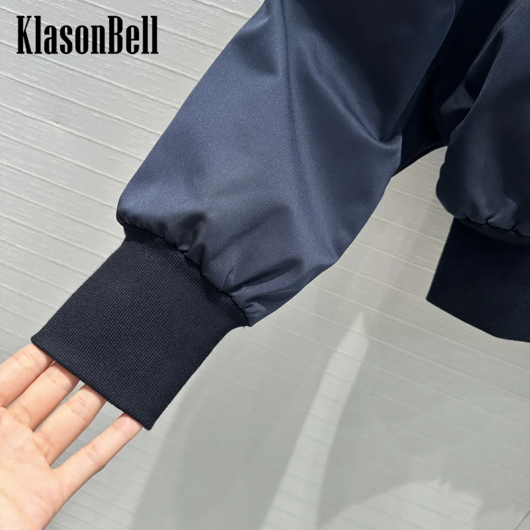 9.7 KlasonBell Women Clothes Fashion Baseball Jacket Black Letter Brand Ribbed Stand Collar Spliced Zipper Short Outerwear