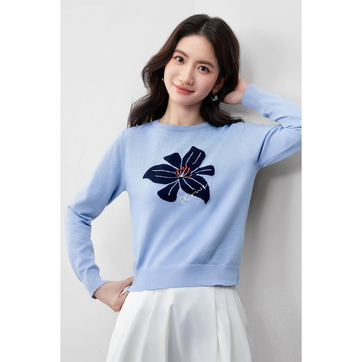 

SENTUBILA Jumpers for Woman Pure Cotton Casual Long Sleeve Jacquard Sweaters Fall 2025 Floral Embroider Female Tops W53HE3122