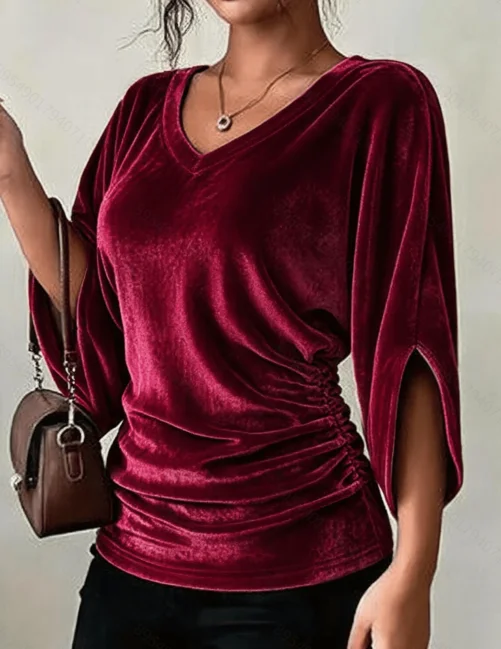 Plus Size Damen Samt-Oberteil mit V-Ausschnitt, 3/4-Ärmeln, elastischen Seitenpartien und Raffungen, einfarbige lässige Bluse – Detail 14