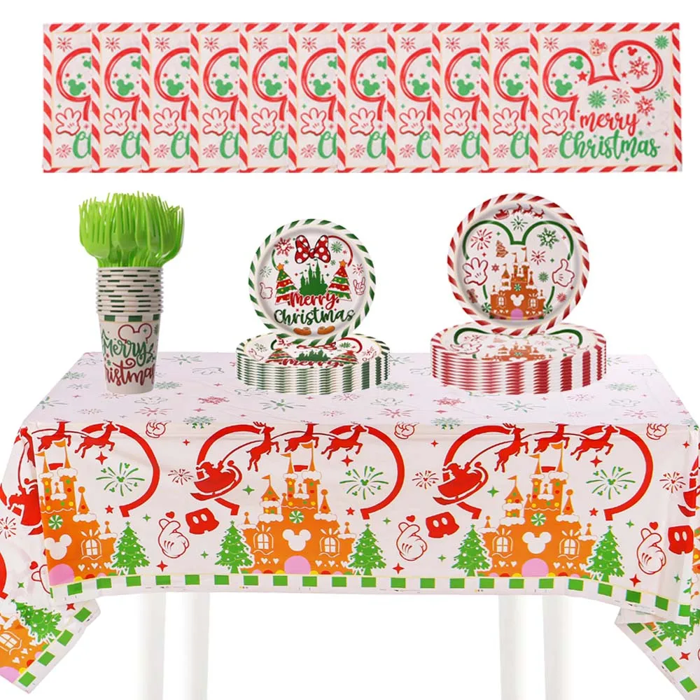 7/9 Inch Christmas Paper Plates Napkins Plastic Forks Disposable Kitchenware Vintage Holiday Tableware Sets for Birthday Party