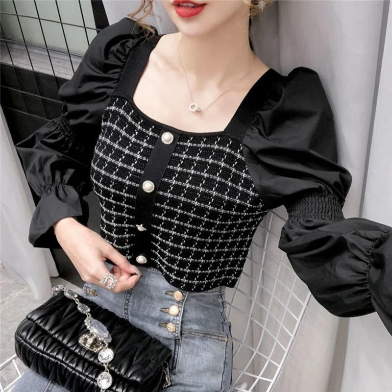 Vintage Square Neck Chic Sweet Ruffle Plaid Patchwork Long Sleeve Knitwear Women Spring Autumn Pullovers Blouse Top Clothing2023