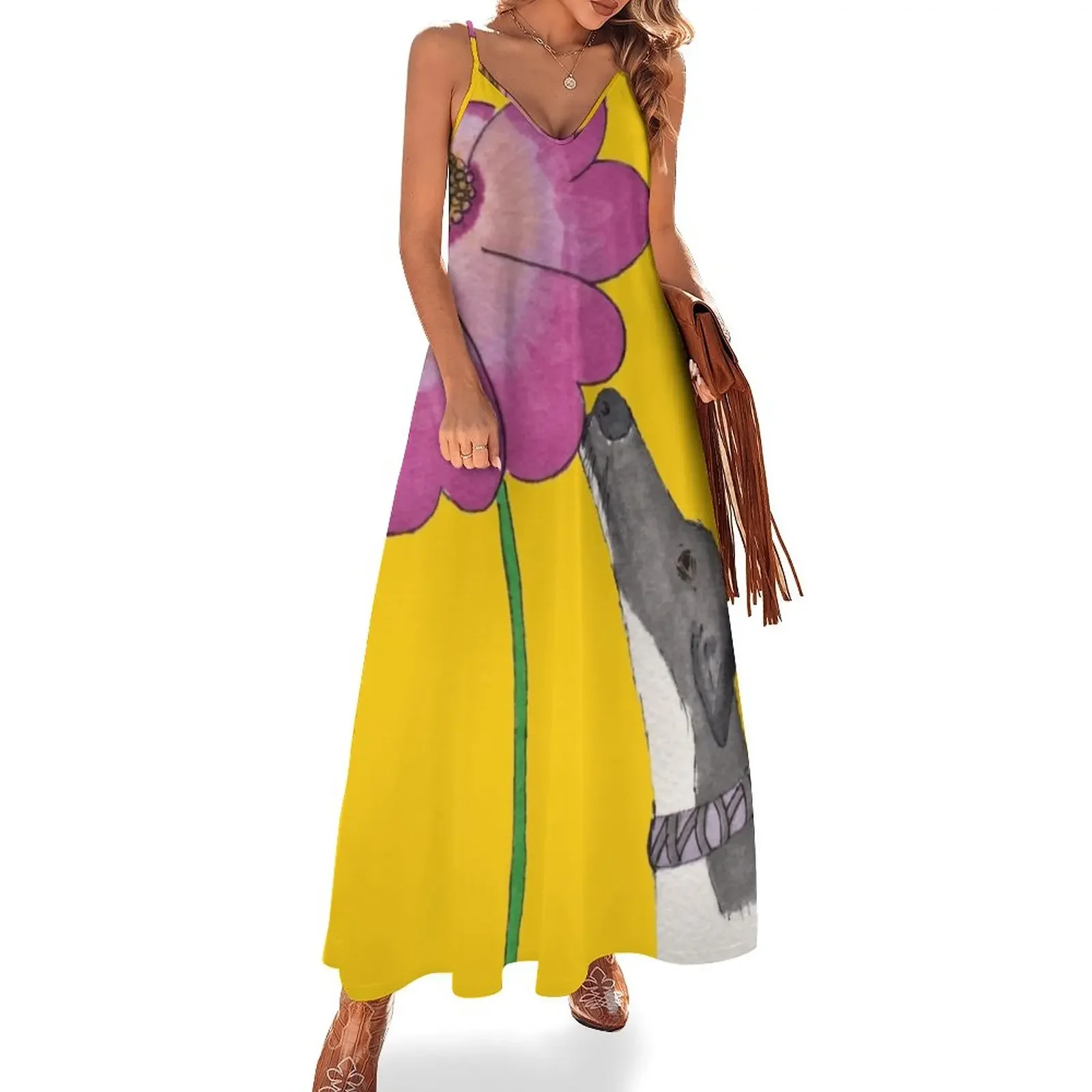 

Just Sniffing Greyhound with a yellow background :) Sleeveless Dress long sleeve dresses Women dresses summer Dress