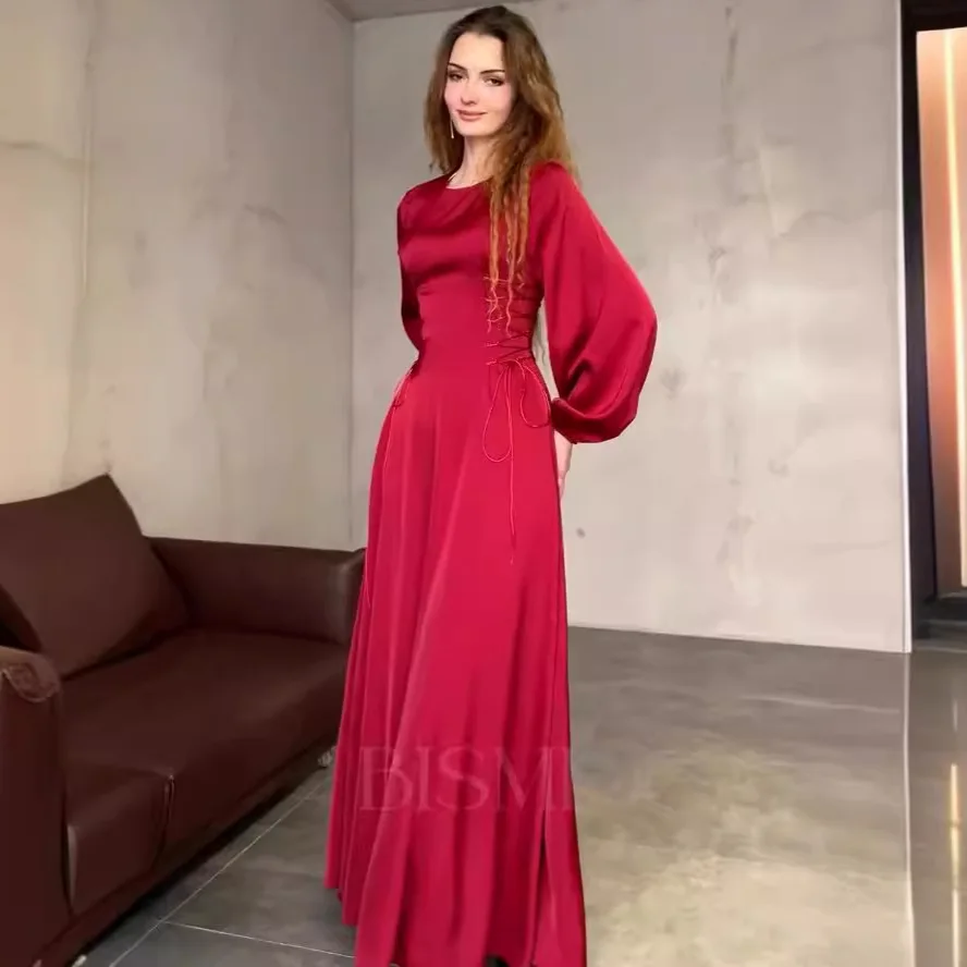 Dress with Tie Up Waist Fluffy Sleeves Slanted Collar Long Dress in Europe and America 2024