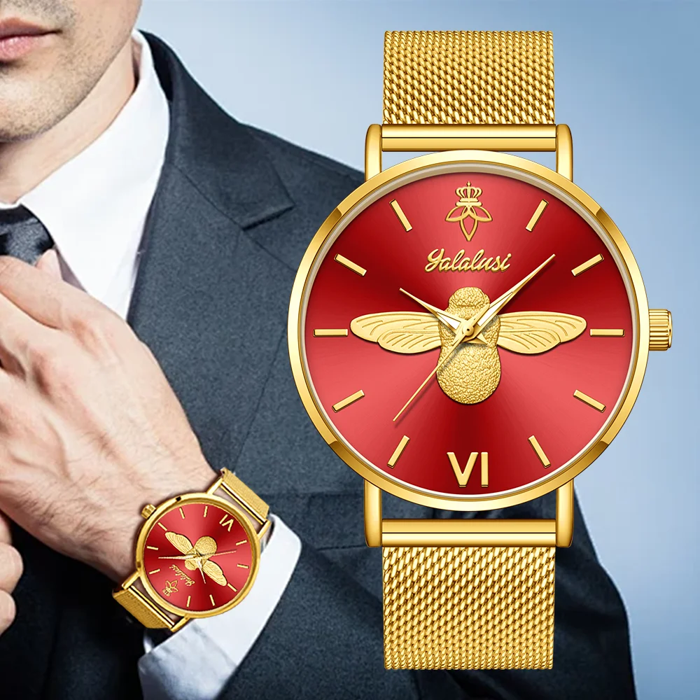 YaLaLuSi Minimalist Quartz Couple’s Watches with 3D Bee Relief Design for Men and Women Relojes De Mujeres