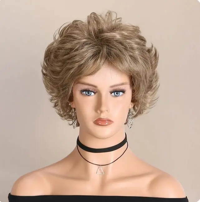 Layered Short Synthetic Wigs Wavy Curly Blonde Brown Mixed Women Nature Hair Wig for Daily Party