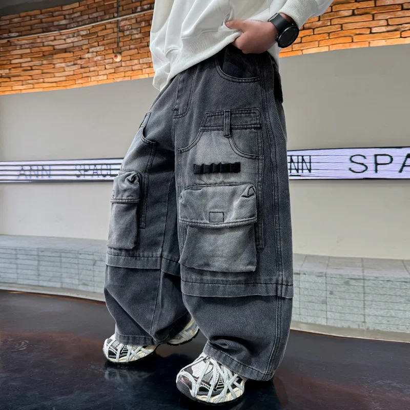 عالية الجودة للأطفال العمل الثقيل فضفاض البضائع الجينز للمراهقين الصبي فضفاضة تناسب جيب الدنيم السراويل التوأم الطفل موضة الجينز بنطلون #4