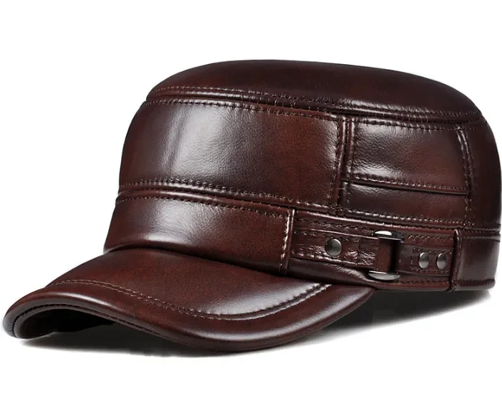 Winter Genuine Leather Cap Men's Flat Caps Military Hat Elegant Man Baseball Cap British Vintage Cowhide Ear Warm Hat