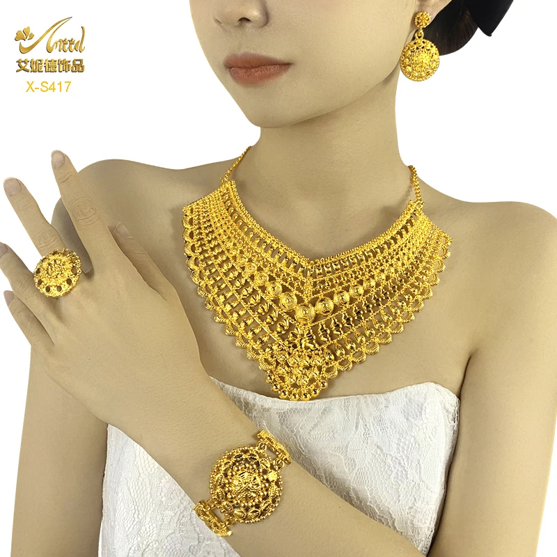 ANIID Luxury Indian Jewelry Sets for Women Party Dubai 24K Gold Color Necklace Set African Wedding Traditional Jewelry Gifts