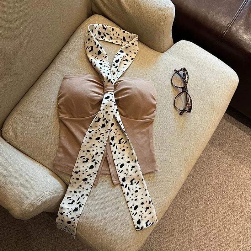 Trend Sexy Leopard Halter Patchwork Brust Wrap Top T Sommer Frauen Kleidung Neue Slim Alle-spiel Schnürung Leibchen Weibliche t-Shirts