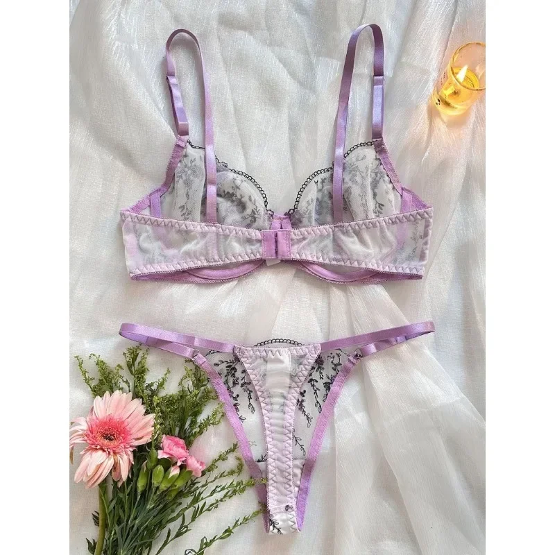 CHUANGERM Sexy Lace Embroidery Floral Transparent Lingerie Sheer Exotic Bra Brief Set Fairy Seamless Underwear Bra Set for Women