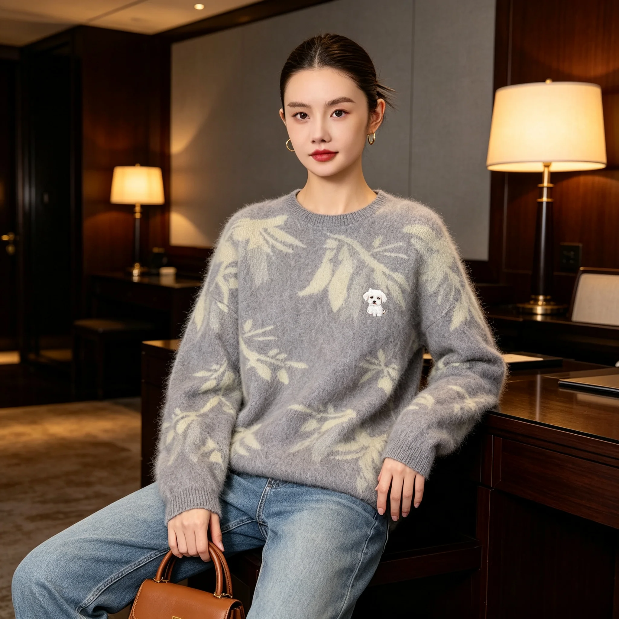 Retro Jacquard Cashmere Knitwear Women's Winter New Loose Lazy Soft Waxy Off-the-Shoulder Sweater Tide