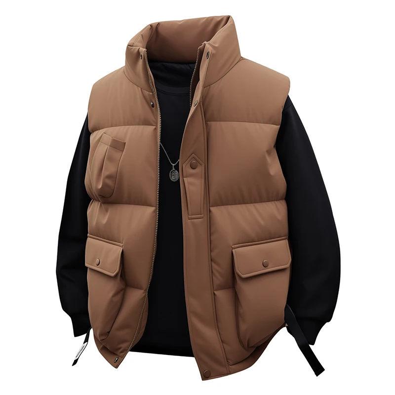 

American Sle Casual Cotton Vest ex Warm Workwear Loose Fit Winter Outerwear Fce Lined Stand Collar Zipper Closure