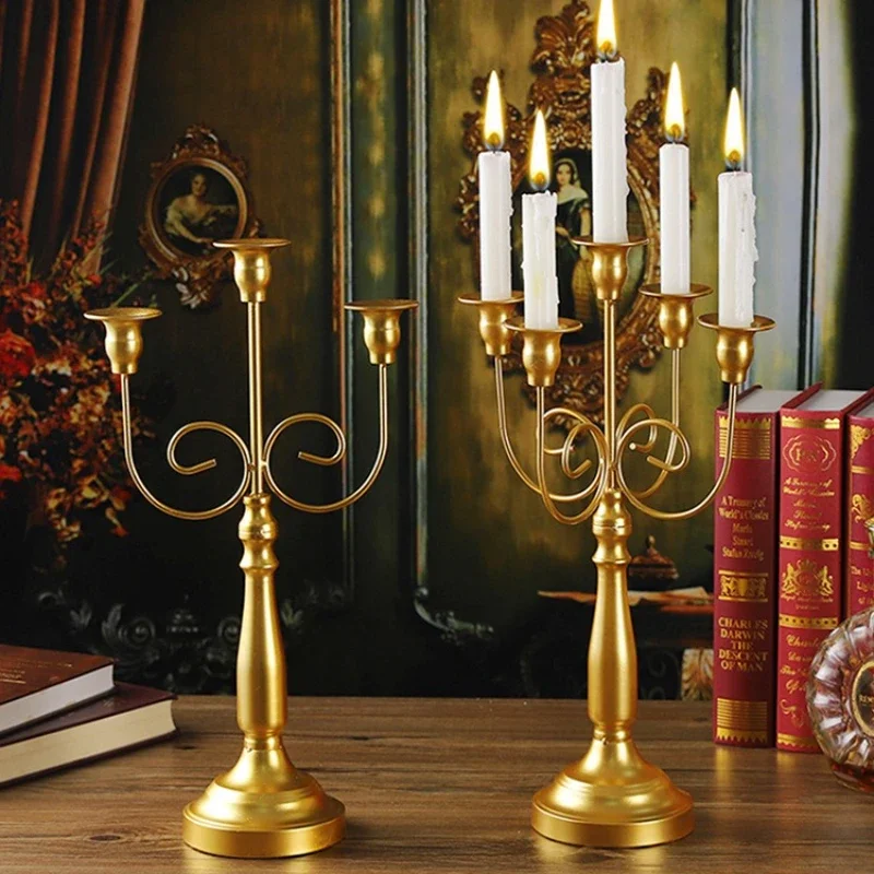 1/3/5 Head Golden European Iron Candlestick Hotel Wedding Metal Candlestick Decoration Romantic Candlelight Dinner Decoration