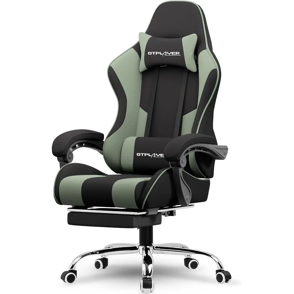 Green Fabric Ergonomic Gaming Chair with Lumbar Support, Height Adjustable, 360° Swivel, and Footrest for Office or Gaming