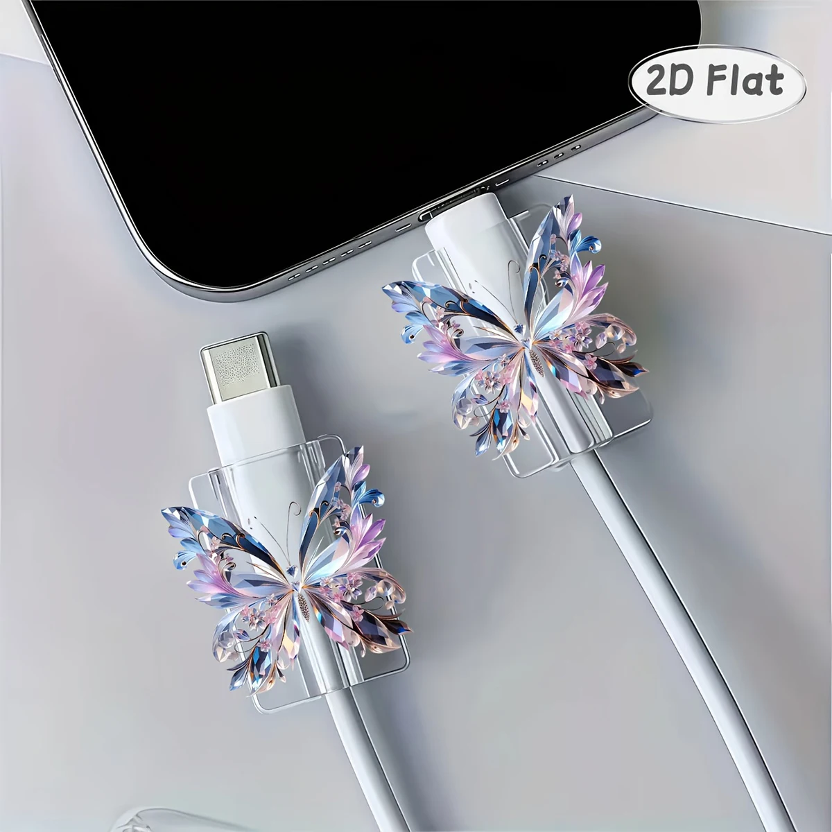 2pcs Colorful Crystal Butterfly Protective Case, Damage-Resistant, Type-C Phone Data Cable Protector, Beautiful And Durable