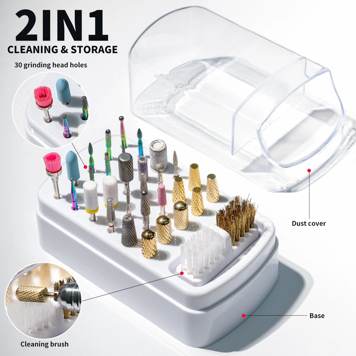 2in1 Nail Drill Bits Storage Box 30 Holes Nail Art Drill Storage Box Grinding Polish Head Bit Holder Display Organizer Dustproof