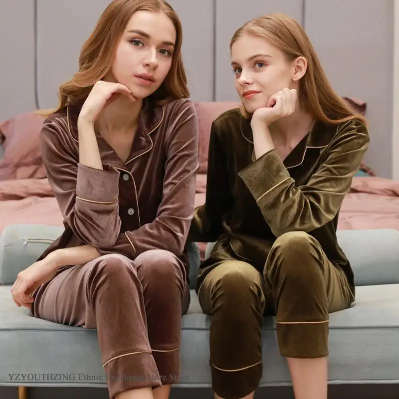 

Velevt Female 2PCS Pajamas Set Homewear Autumn Winter New Sleepwear Trouser Pijamas Suit Loose Casual Loungewear Velour Pyjama