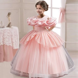 Baby Girls Flower One Shoulder Wedding Dress Princess Evening Dress Ball Gown Party Lace Long Dress 3-12 Year Old Clothes