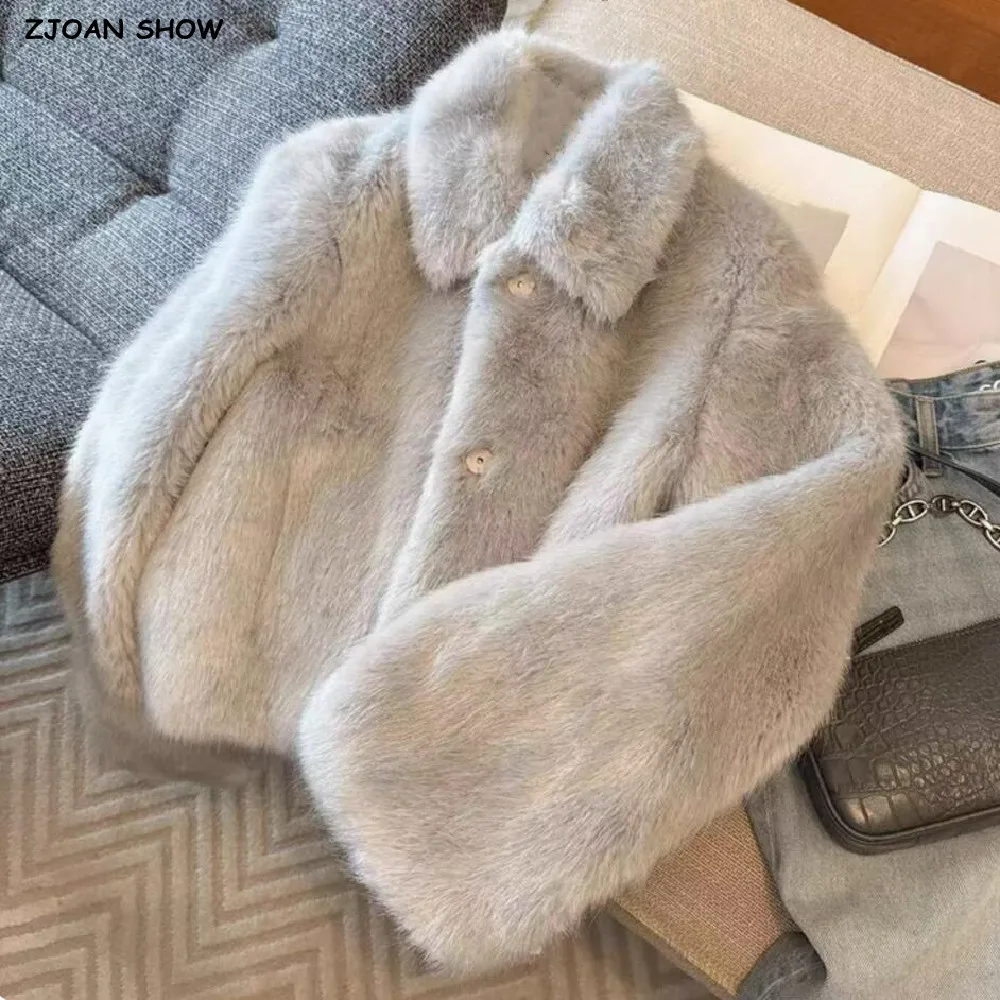 Winter Light Gray Turn down Lapel Hairy Shaggy Faux Fur Coat Women Full Sleeve Furry Warm Jacket Short Outerwear Korea Clothing