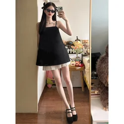 Summer Fashion 2 Piece Suits Retro Sleeveless Long Black Camis Crop Top+mini White Lace Skirt Color Contrast Chic Girl 2pc Sets