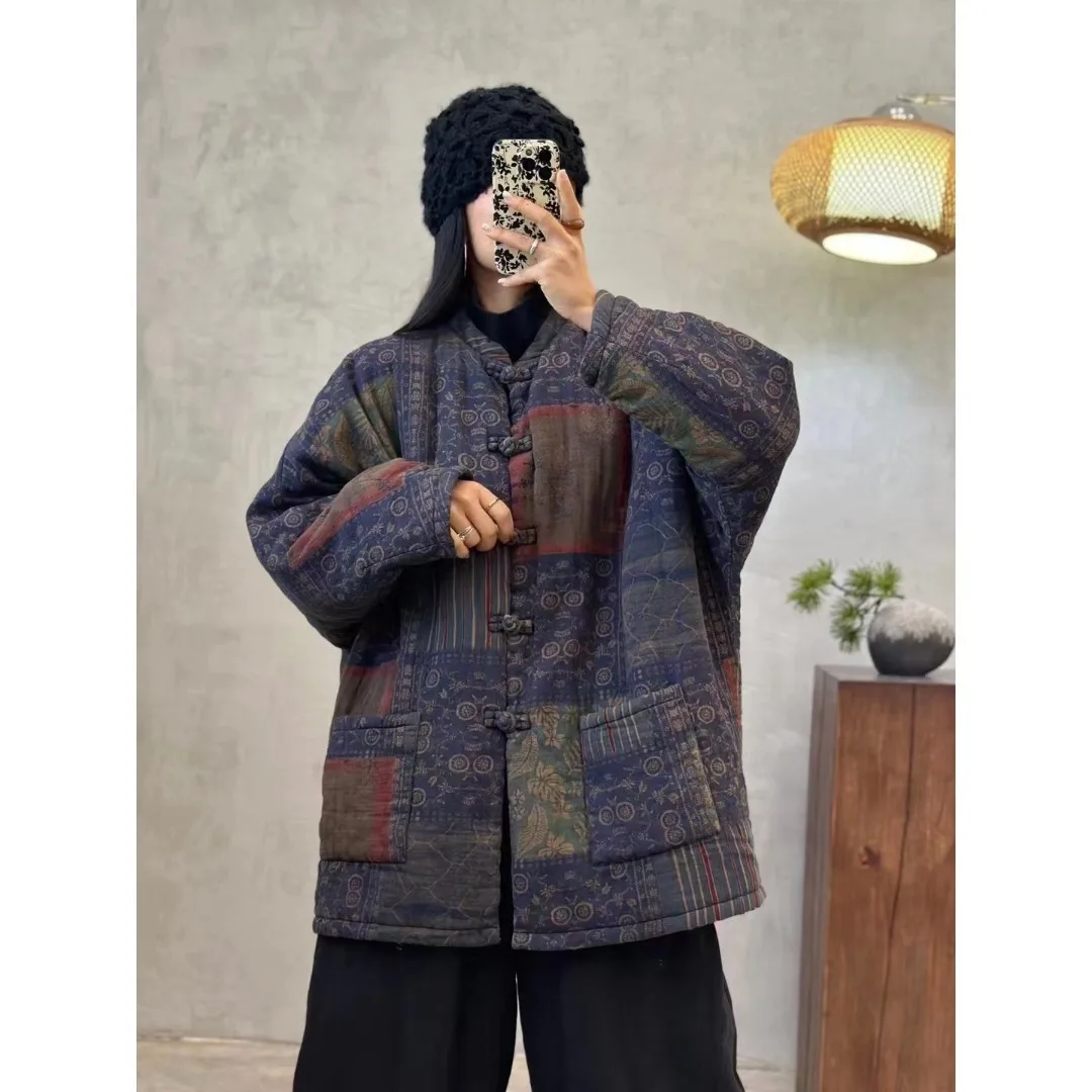 

Warm Mid-Length Cotton Jaet with Print for Women Retro Button-Up Long Sve Stand Collar ket-Filled Thiened Cotton Coat