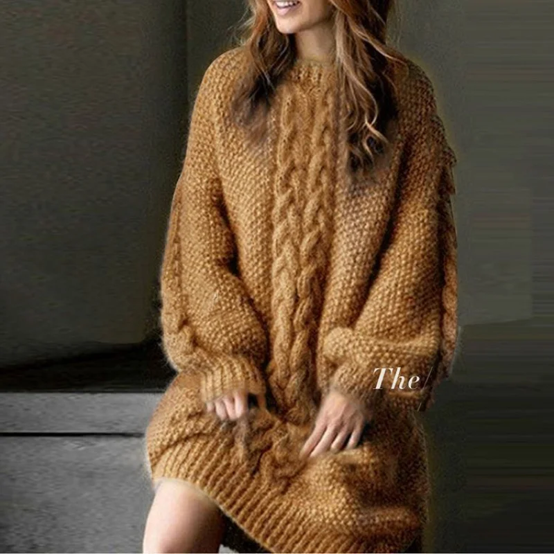 Thickened Long European American Dress Woolen Women's Loose and Idle Lantern Sleeve Pullover Knitted Sweater Wholesale