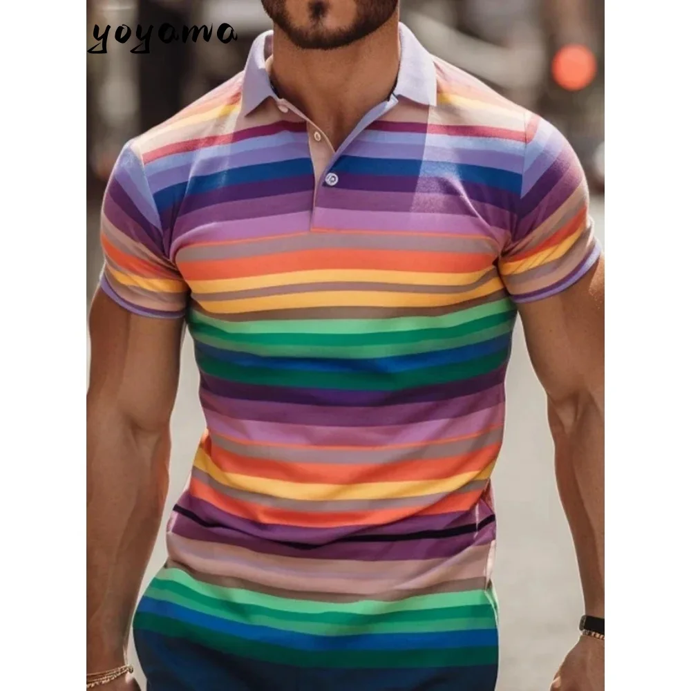 

Men's Polo Shirt Striped Rainbow Breathable Men Top 3D Print Casual Men's Clothing Fashion Casual Men's Short Sleeved Polo Shirt