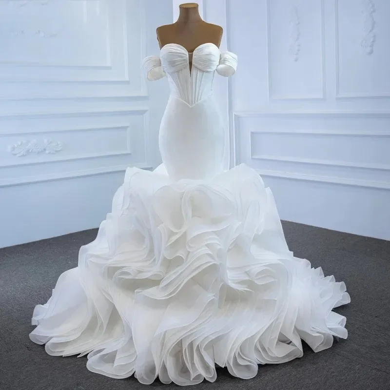 Elegante Organza di raso Ruffles abiti da cerimonia da sera da donna sirena con spalle scoperte pieghe abito da sposa con lacci